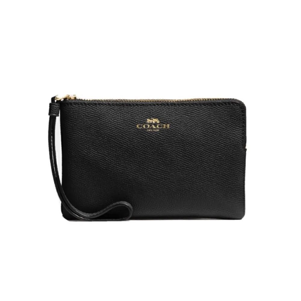 New COACH Wristlet Wallet Black Leather Gold Corner Zip F58032 - Picture 2 of 3